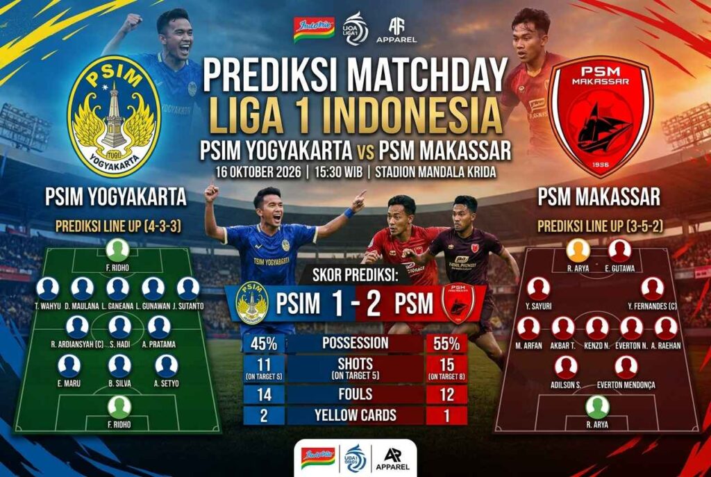 Prediksi Skor PSIM vs PSM Makassar 16 Oktober 2026
